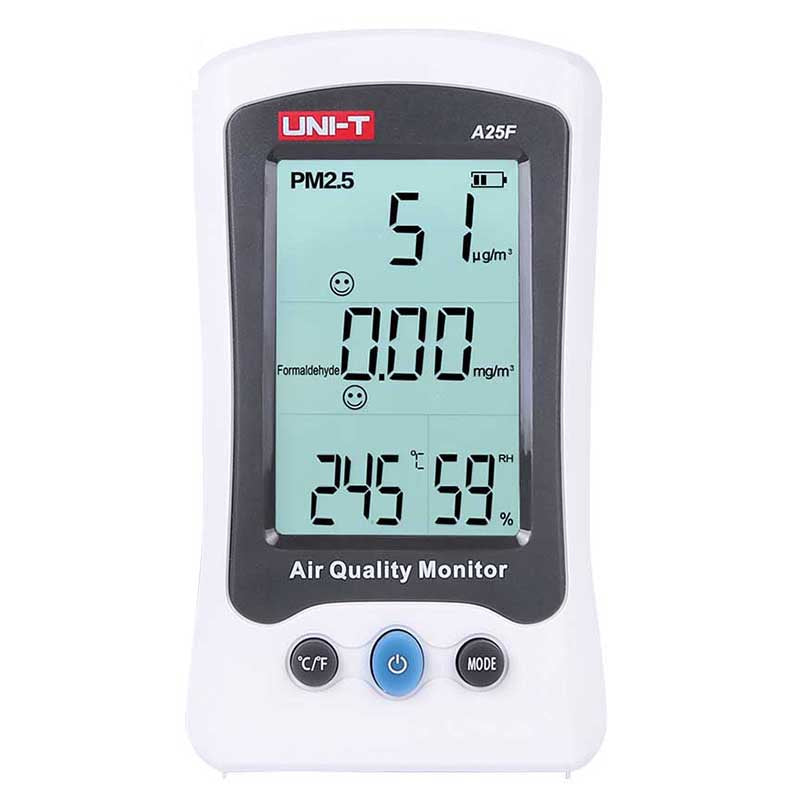 UNI-T A25F Air Quality Detector PM2.5 Monitor, Formaldehyde, Laser Temperature, Humidity, Indoor, Polymer Battery
