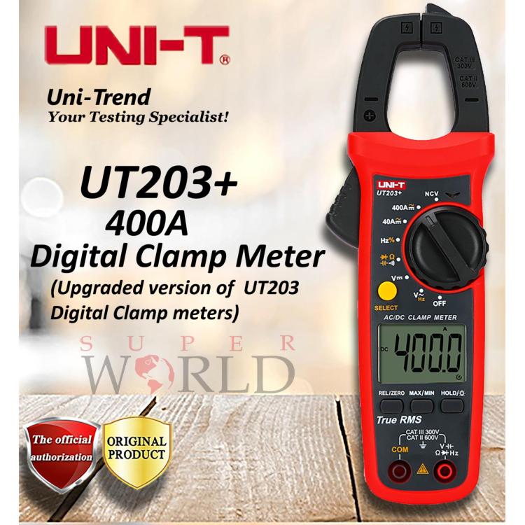UT203+- UNI-T Digital Clamp Meter The Enhanced Edition of UT203 Clamp Meters Portable Digital Clamp Multimeter Ammeter with Measurement AC/DC Voltage & AC Amp Tester Multi-test Resistance Continuity Test Auto