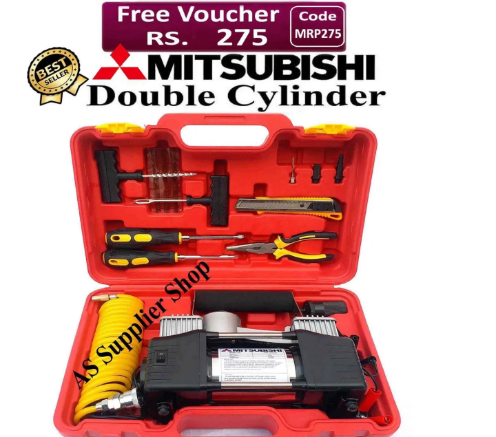 Imported Double Cylinder 12 Volt Portable Electric Car Air Pump Car Air Compressor Car Tyre Air Inflator Car Tire Air Inflator Pump Compressor Electric Air Blower Tire Tyre Puncture Repair Tool Kit Toolkit Car Air Pressure Gauge Car Gadgets Accessories