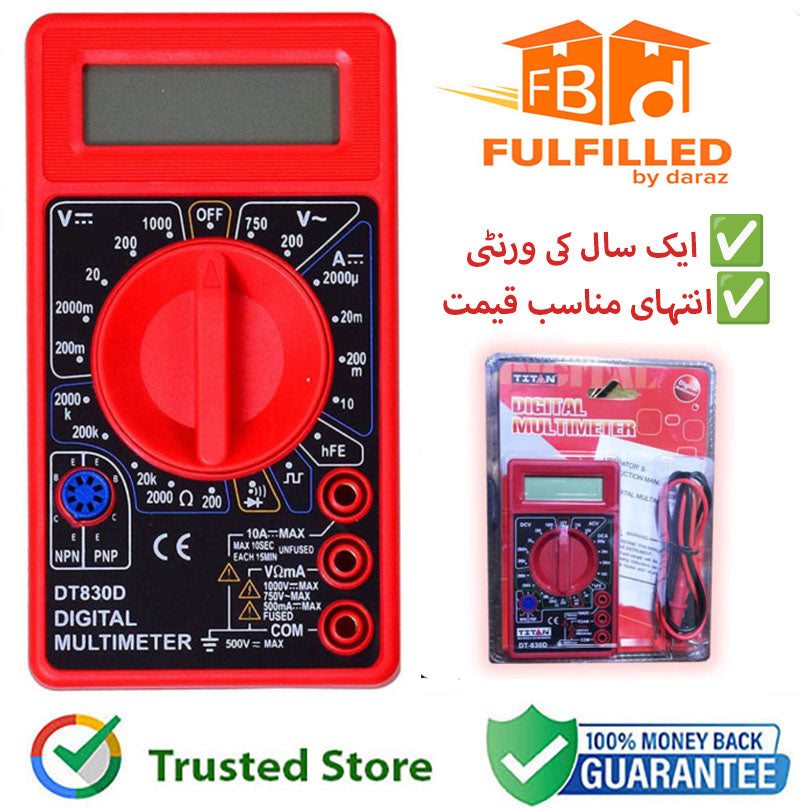 DT830D Multimeter Mini Digital Multimeter DT-830 | AC/DC Volt Amp Ohm Tester | Ammeter, Voltmeter, Ohmmeter with Diode, hFE & Continuity Testing
